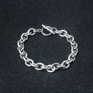 Macro detail of stainless steel punk O-chain bracelet with decorative OT toggle clasp