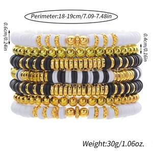 7-piece Bohemian polymer clay bead bracelet set in black, white and gold summer beach style