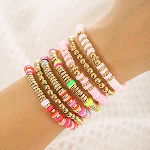 Bohemian colorful polymer clay and gold bead stretch bracelets set for summer beach wear