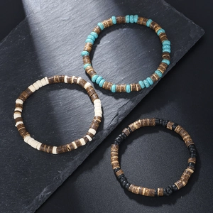 3-delige bohemien kralenarmbandenset met turquoise, kokosnootschaal en houten kralen