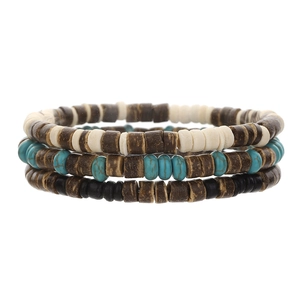 Set di tre bracciali da uomo impilabili con perline in turchese e legno di cocco naturale