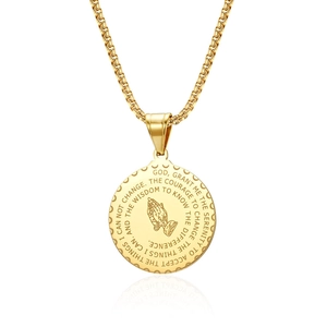 Detailed close-up of 18K gold plated Serenity Prayer and Praying Hands pendant necklace