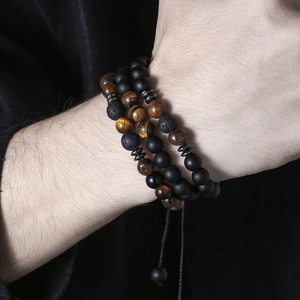 Adjustable men's 3-piece bracelet set with tiger eye, lava rock and matte black beads
