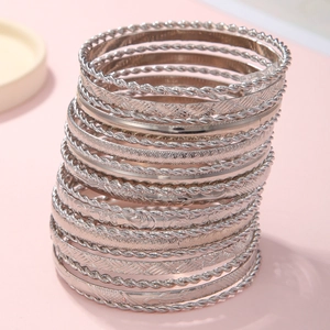 15-piece vintage silver hammered metal bangles set with ethnic textured patterns