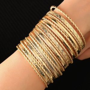 19-piece bohemian gold-tone hammered metal stacking bangle set for women