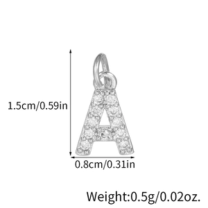 Silver micro-paved zircon letter A charm pendant for DIY jewelry, size 1.5cm by 0.8cm