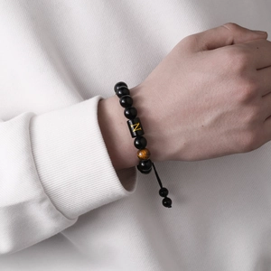 Pulsera de ónix negro de 10mm con ojo de tigre y colgante ajustable de letra N