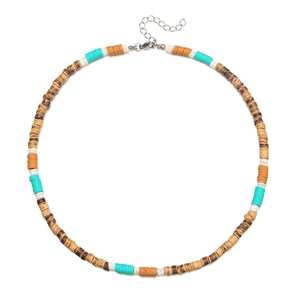 Bohemian handmade beaded necklace with turquoise clay discs and natural wood beads