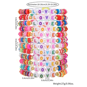 Colorful LOVE letter heishi bead woven bracelets set for teens, 12 pieces pack