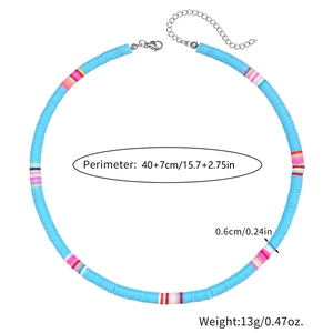 Sky blue handmade heishi clay bead necklace with colorful stripes and adjustable chain