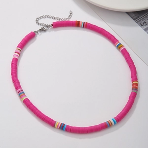 Detail of handmade colorful clay bead necklace with adjustable silver lobster clasp