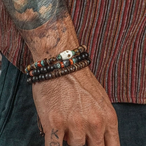 Bracelet crâne rétro pour hommes serti de turquoise, œil de tigre et perles en bois