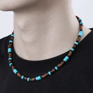 Bohemian men's beaded necklace with turquoise and brown coconut shell wooden beads