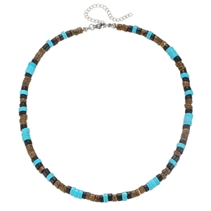Bohemian beaded necklace with turquoise and wood beads on a clean white background