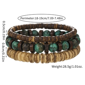 Detailed view of layered men's wooden bracelet set with turquoise beads and dimensions