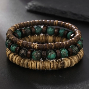 Men's bohemian multilayer coconut shell wood beads and turquoise stone bracelet set