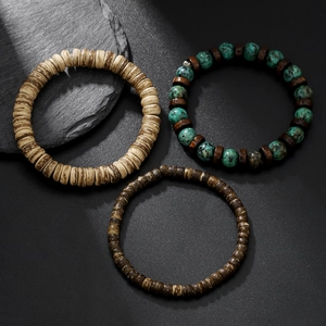 Multilayer coconut shell and turquoise beaded bracelet set for men in vintage ethnic style