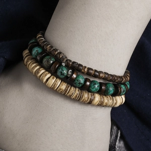 Retro multi-layer men's bracelet set with coconut shells, turquoise beads and wood beads