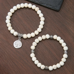 Retro 8mm white turquoise bead bracelets set with tree of life silver pendant
