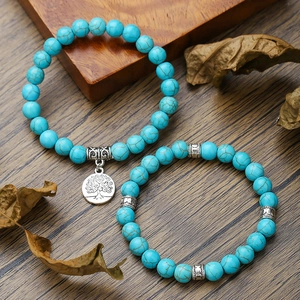 8mm turquoise bead bracelet set with silver tree of life charm in bohemian style