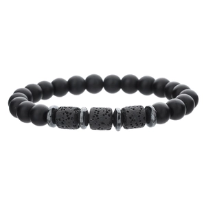 Macro detail of black matte beads and porous lava stone texture on men's beaded bracelet