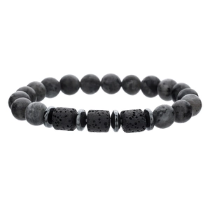 Macro shot of dark beaded bracelet with textured lava stones and metallic spacers