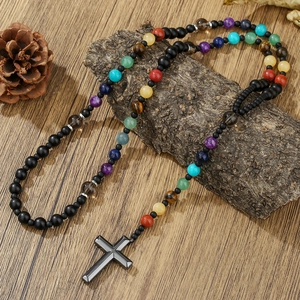 Vintage Natuursteen Kralen Kruis Halsketting Voor Heren Handgemaakte Tijgeroog Obsidiaan Hematiet Religieuze Boheemse Lange Gebedskralen Sieraden