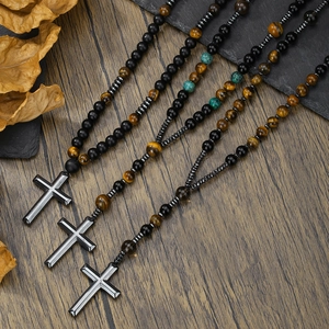 Herenketting met kruishanger van tijgeroog en hematiet, kralenketting van natuursteen