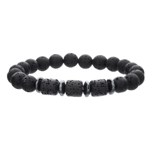 Black lava rock beaded bracelet with cylindrical stones and hematite spacers