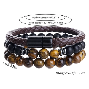 Three-piece men's bracelet set with tiger eye beads, black agate, and woven leather strap