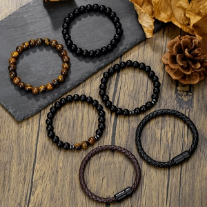 Men's hip hop punk bracelet set with tiger eye, black onyx beads and leather magnetic clasp