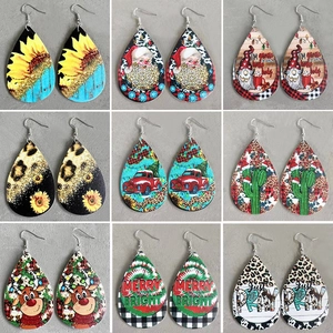 Christmas Teardrop Faux Leather Earrings Leopard Sunflower Gnome Santa Reindeer Print Bohemian Dangle Earring Holiday Party Women Jewelry