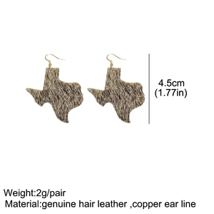 Detail view of Texas map shaped leather earrings with cowhide texture and 4.5cm length