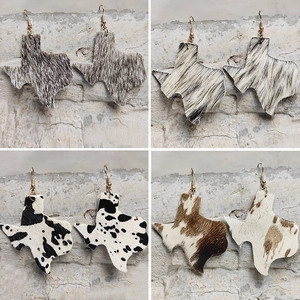 Western Texas Map Genuine Hair Leather Dangle Earrings Women Ethnic Cow Leopard Animal Print Copper Ear Hook Jewelry