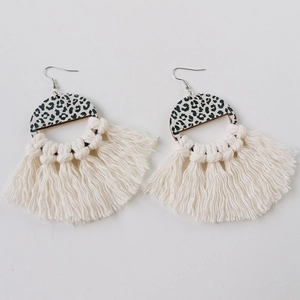 Bohemian fan-shaped leopard print earrings with handmade off-white cotton tassels