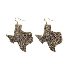 Western Texas map earrings with brown faux fur cow print and gold hooks for women
