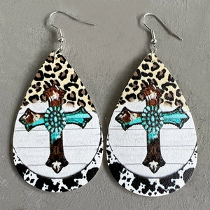 Faux leather teardrop earrings featuring leopard print, cow pattern, and cross design