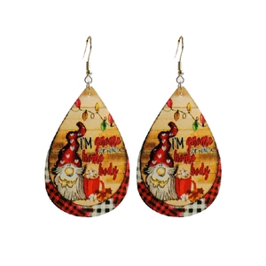 Christmas teardrop faux leather earrings featuring festive gnomes and heart hats