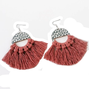 Bohemian fan-shaped tassel earrings with leopard print and brick red woven cord