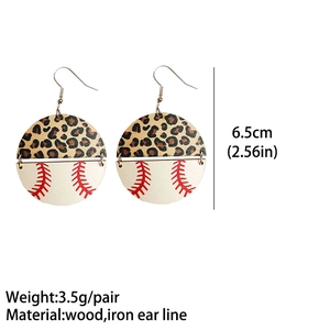 Leopard print and baseball pattern wooden round dangle earrings for sports fans