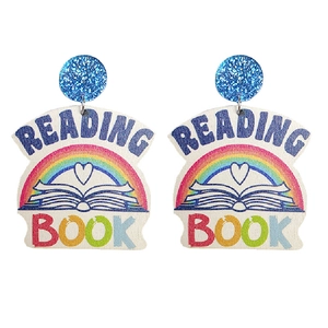 Holzohrringe mit Regenbogen und Buchmotiv und blauem Glitzer für Lehrer und Schüler