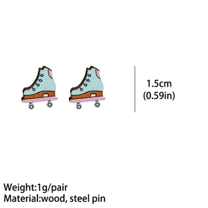 Blue glitter wooden roller skate stud earrings with steel pins for sports lovers
