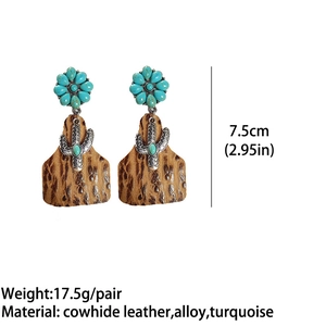 Bohemian leather earrings with turquoise flower, cactus pendant and leopard print detail