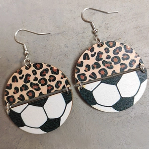 Leopard print and soccer ball pattern wooden drop earrings for sports enthusiasts