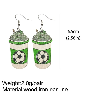 Detail of green soccer-themed beverage dangle earrings made of lightweight wood