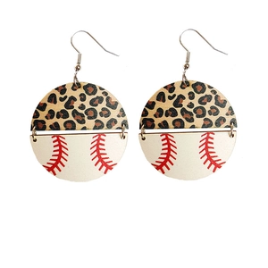 Leopard print and baseball pattern split design round dangle earrings for sports fans