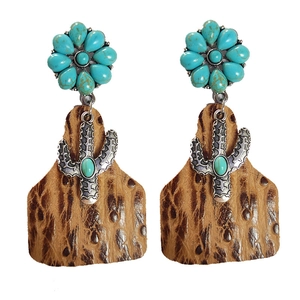 Bohemian turquoise sunflower earrings with silver cactus charms and brown leather drops