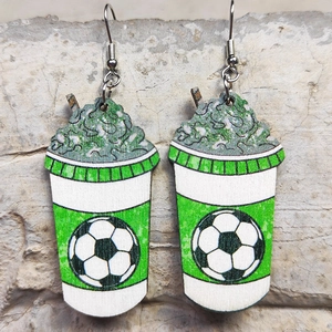 Detail of soccer ball cup dangles featuring green cream top and silver hooks