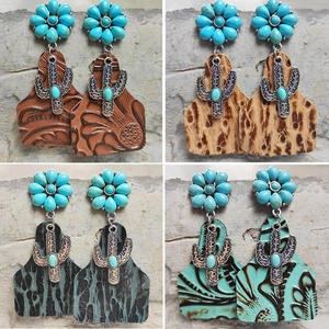 Bohemian Turquoise Cactus Flower Pendant Earrings For Women Vintage Western Alloy Embossed Cowhide Leather Drop Earrings Jewelry