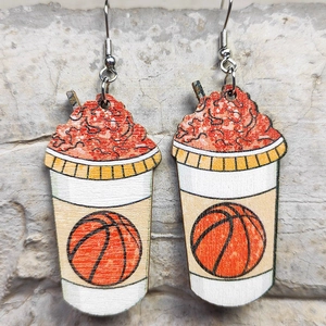 Creative wooden drink cup earrings with orange basketball print and fishhook ear wires